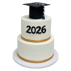 2 tier graduation cake with ribbon