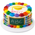 School-themed cake with colorful icing borders, edible crayons, and graduation cap topper