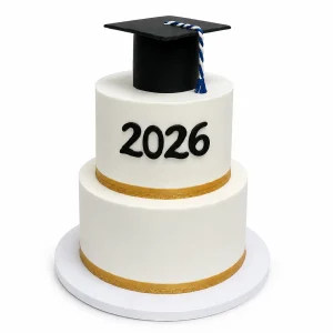 2 tier graduation cake with ribbon